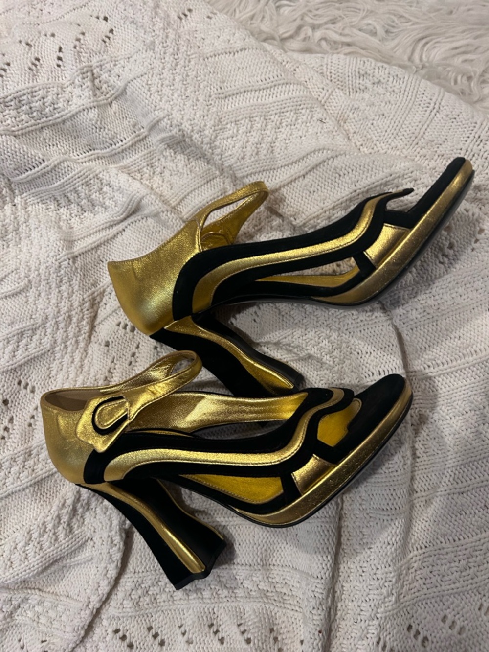 Prada Metallic Gold and Black Sculptural Slingback Heels